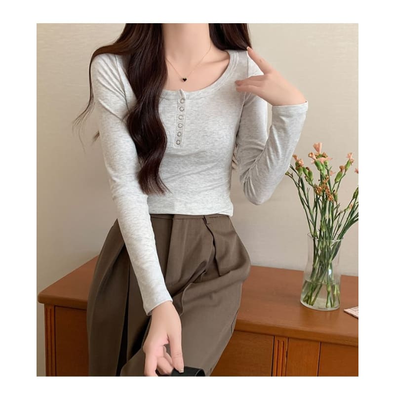 Long-Sleeve Henley Ribbed Crop Slim Fit T-Shirt