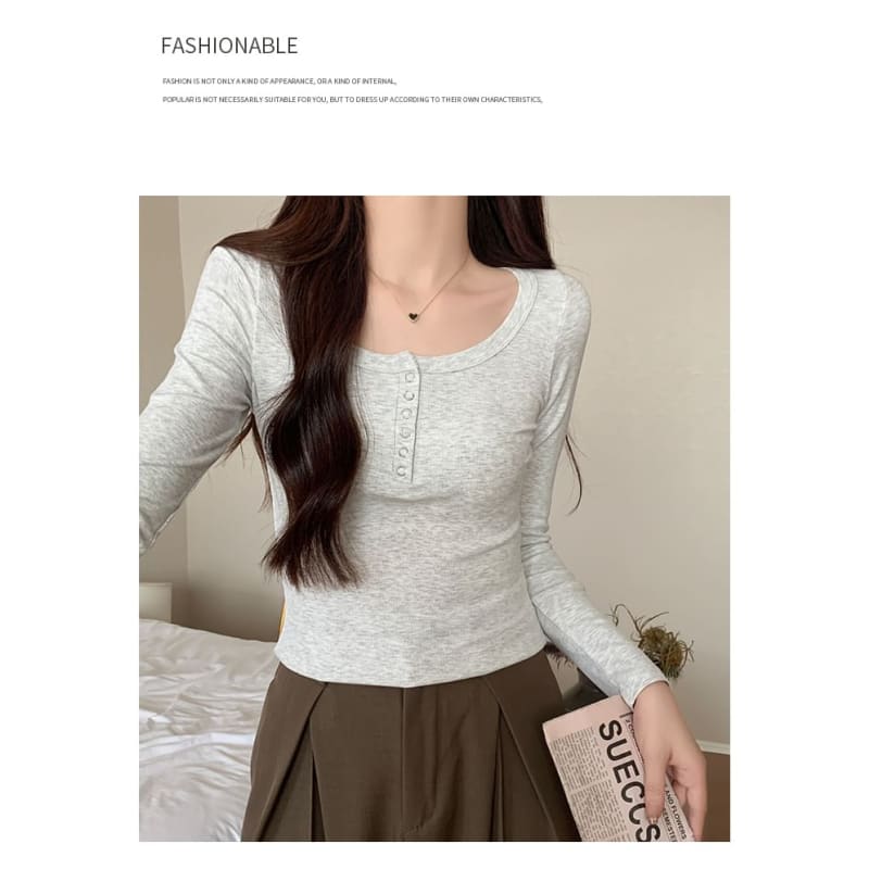 Long-Sleeve Henley Ribbed Crop Slim Fit T-Shirt