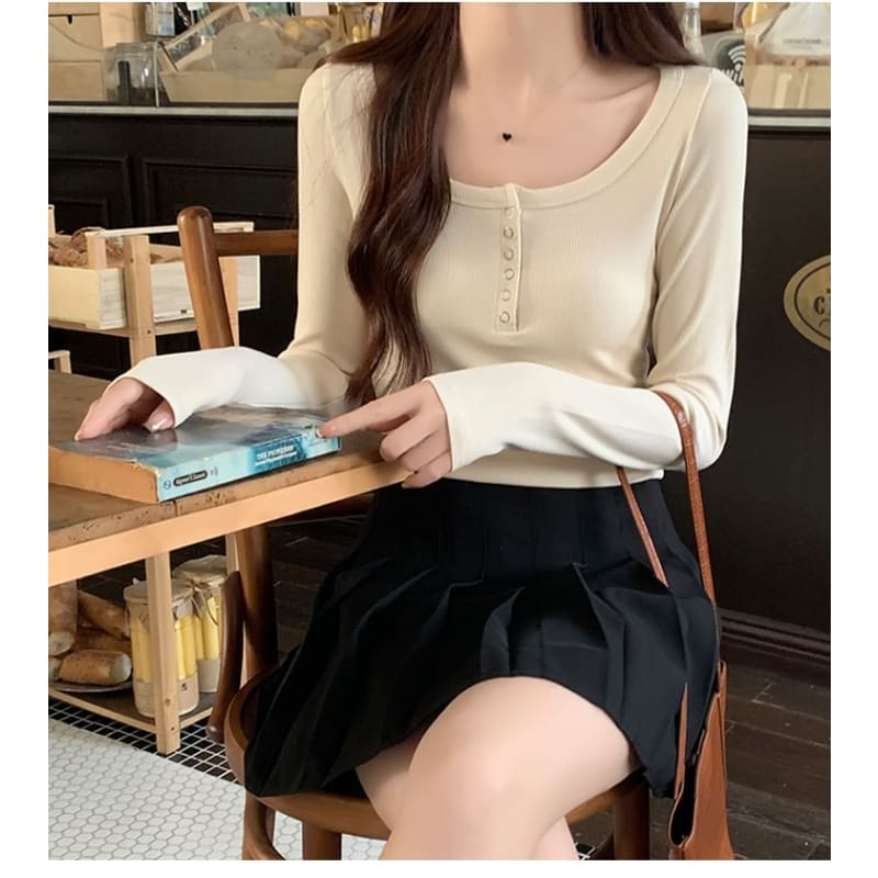 Long-Sleeve Henley Ribbed Crop Slim Fit T-Shirt