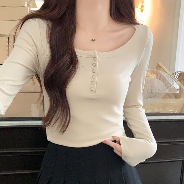 Long-Sleeve Henley Ribbed Crop Slim Fit T-Shirt - Almond / M