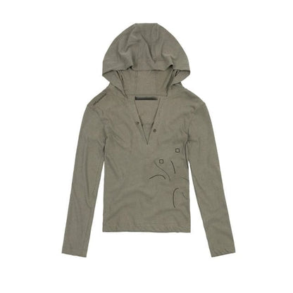 Long-Sleeve Hooded Stitching T-Shirt - Grayish Green / S