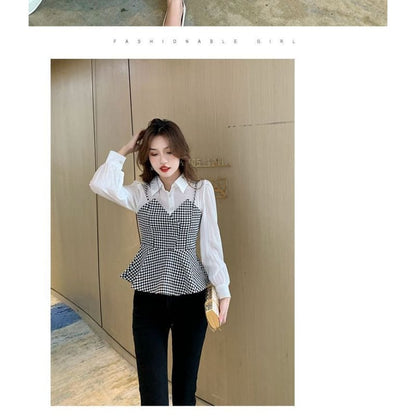 Long Sleeve Houndstooth Panel Mock Two Piece Top