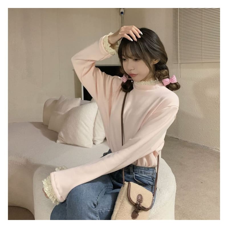 Long-Sleeve Lace Trim High Neck Tee