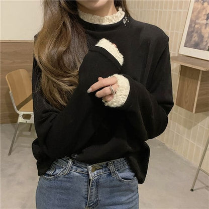 Long-Sleeve Lace Trim High Neck Tee - Black / S