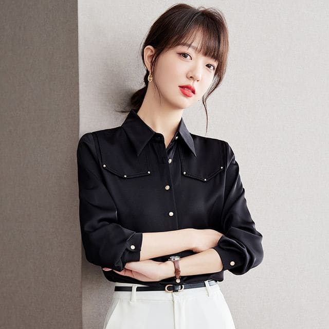 Long Sleeve Lapel Neck Plain Studded Shirt - Black / S