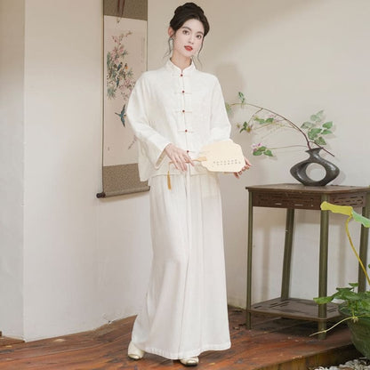 Long Sleeve Mandarin Collar Floral Hanfu Shirt / Mid Rise