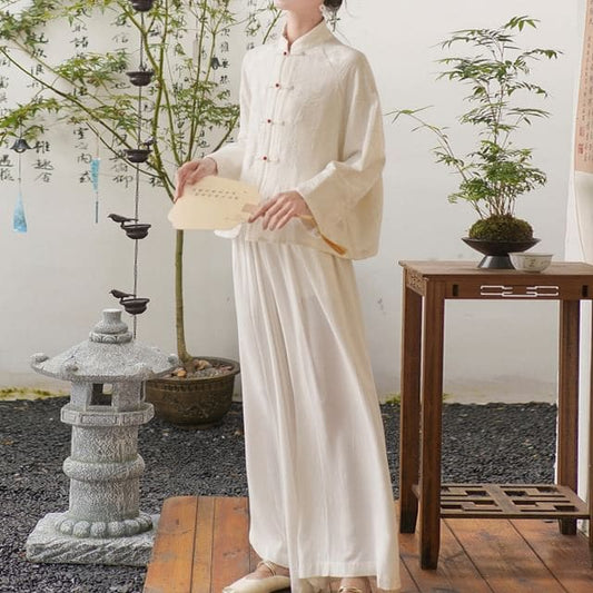 Long Sleeve Mandarin Collar Floral Hanfu Shirt / Mid Rise