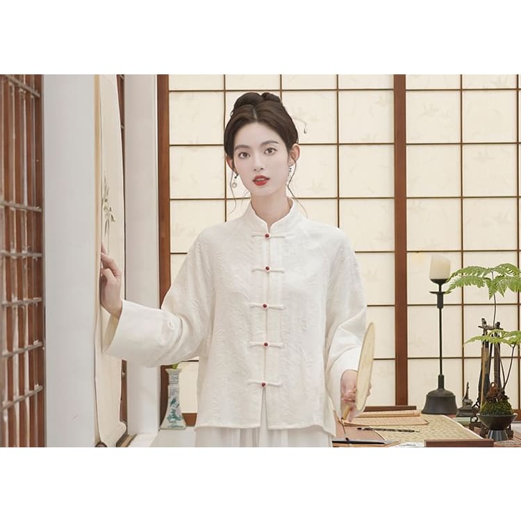 Long Sleeve Mandarin Collar Floral Hanfu Shirt / Mid Rise