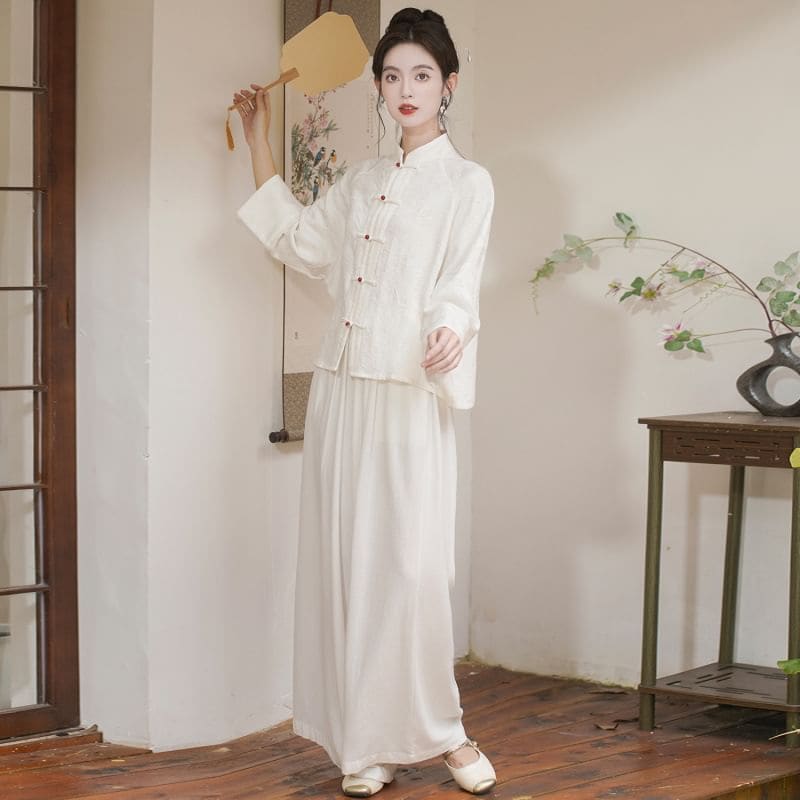 Long Sleeve Mandarin Collar Floral Hanfu Shirt / Mid Rise