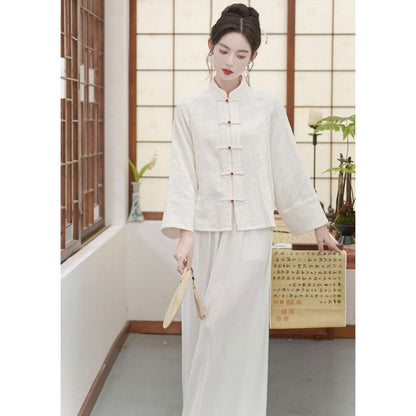 Long Sleeve Mandarin Collar Floral Hanfu Shirt / Mid Rise