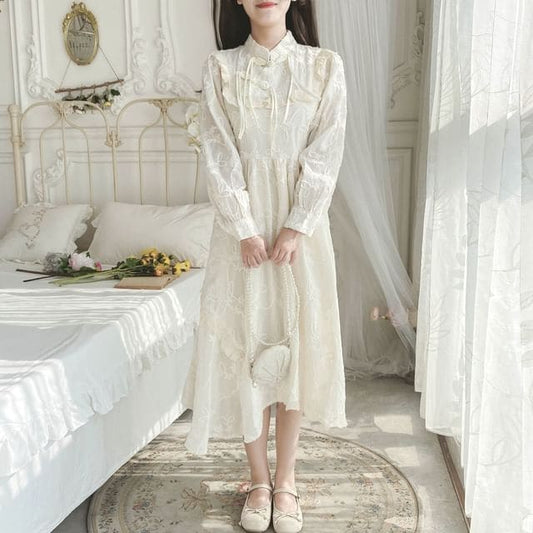 Long-Sleeve Mandarin Collar Plain Ruffle Frog Closure Midi