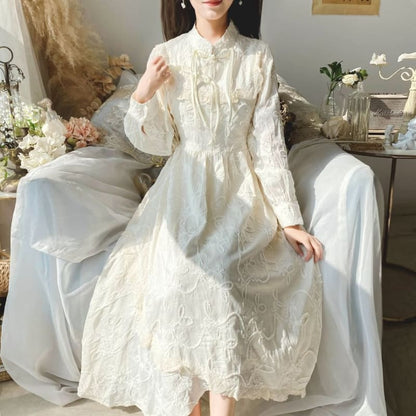 Long-Sleeve Mandarin Collar Plain Ruffle Frog Closure Midi