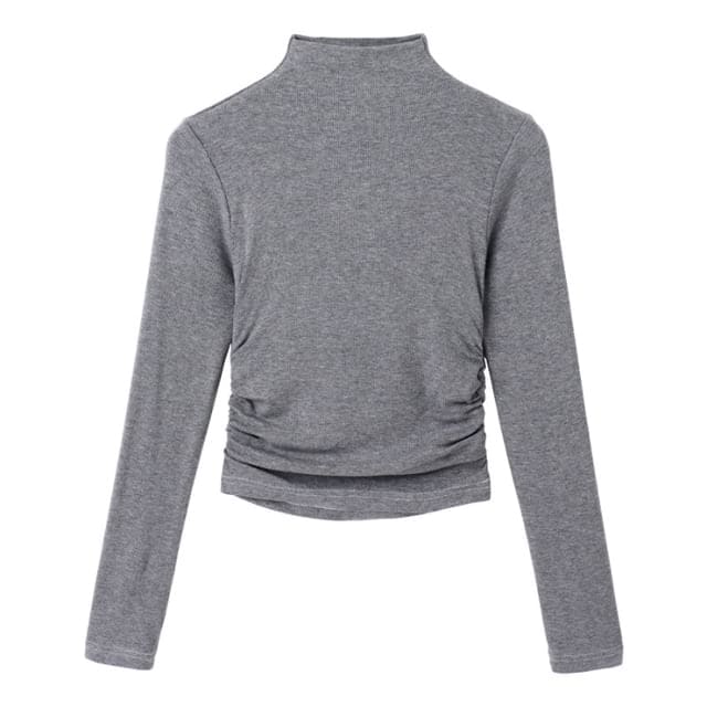 Long-Sleeve Mock Neck Plain Crop Tee - Gray / M - Clothing