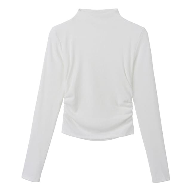 Long-Sleeve Mock Neck Plain Crop Tee - White / M - Clothing