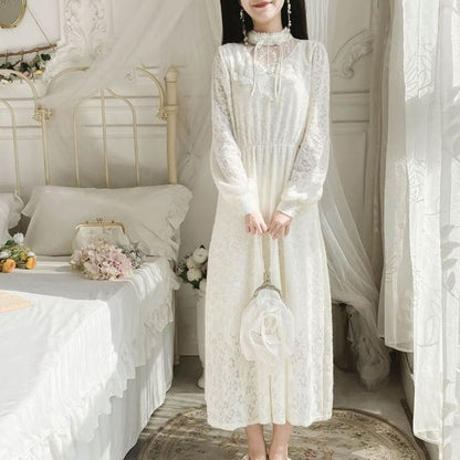 Long-Sleeve Mock Neck Plain Lace Panel Midi A-Line Dress