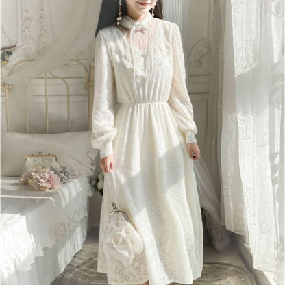 Long-Sleeve Mock Neck Plain Lace Panel Midi A-Line Dress