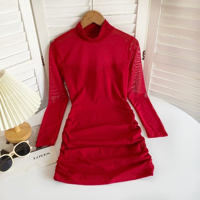 Long-Sleeve Mock Neck Plain Ruched Mesh Panel Mini Sheath