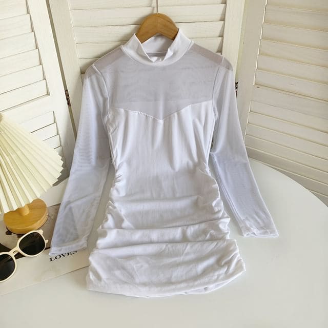 Long-Sleeve Mock Neck Plain Ruched Mesh Panel Mini Sheath