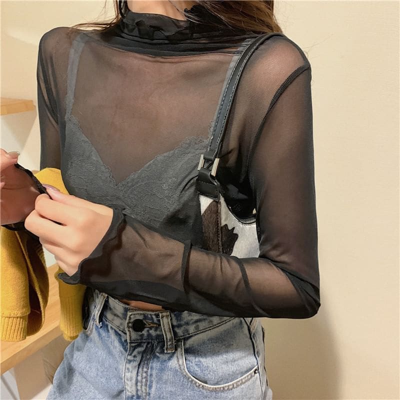 Long-Sleeve Mock Neck Plain Sheer Top