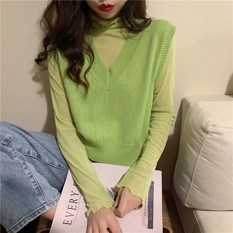 Long-Sleeve Mock Neck Plain Sheer Top