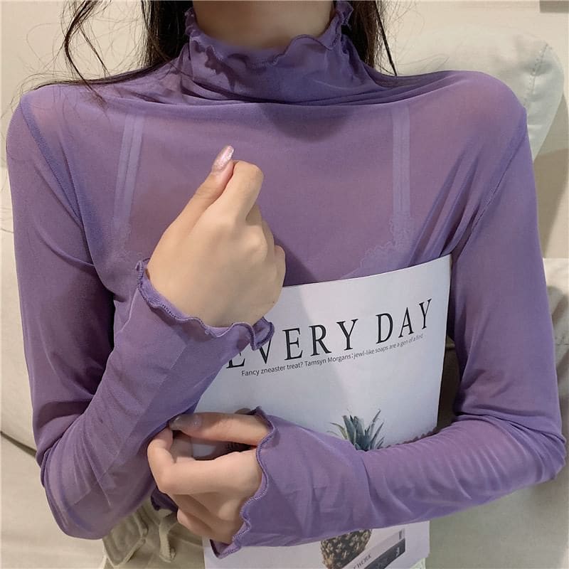 Long-Sleeve Mock Neck Plain Sheer Top