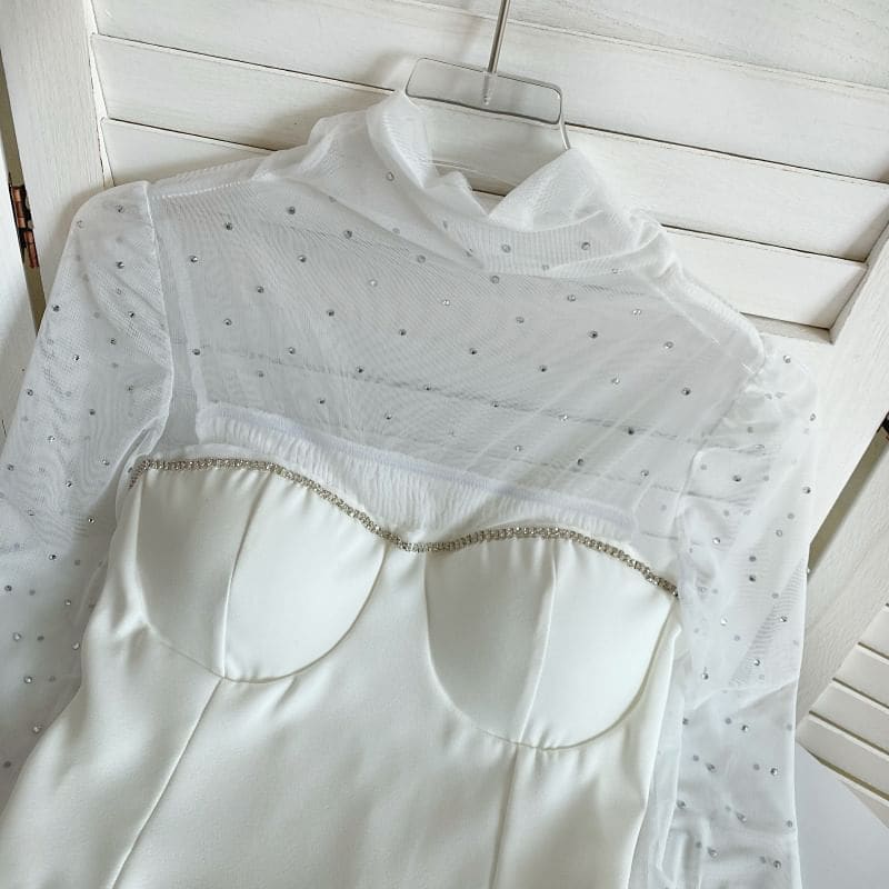 Long-Sleeve Mock Neck Rhinestone Mesh Panel Top