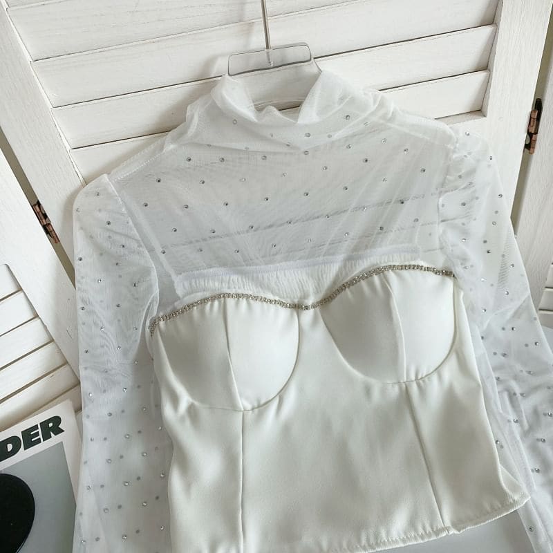 Long-Sleeve Mock Neck Rhinestone Mesh Panel Top