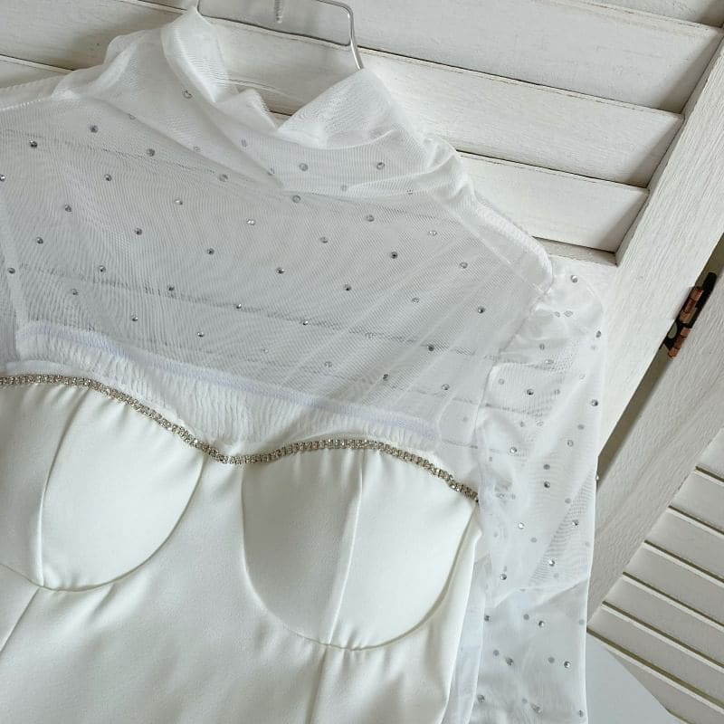 Long-Sleeve Mock Neck Rhinestone Mesh Panel Top