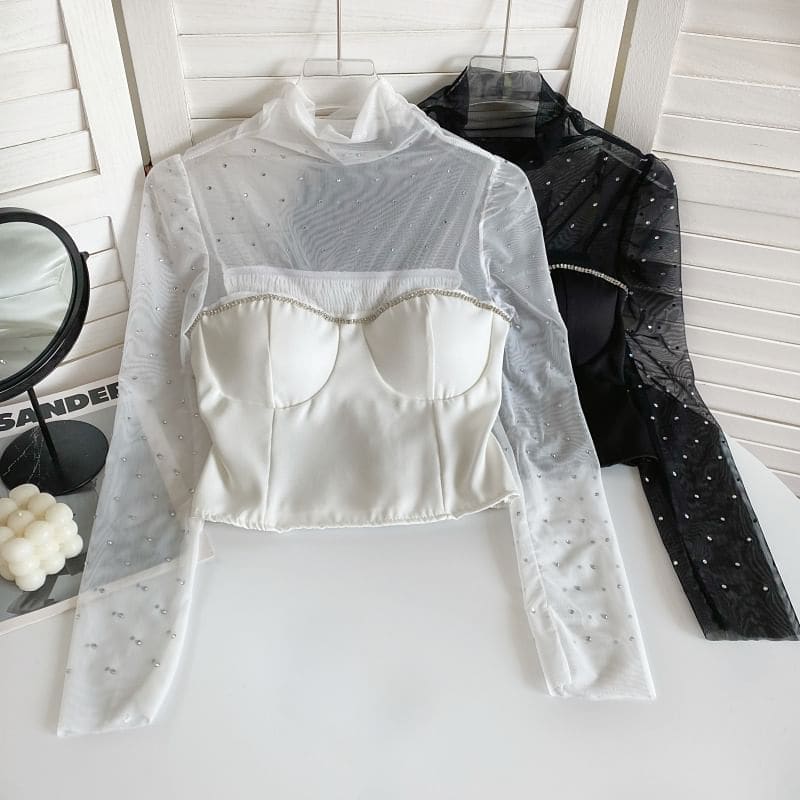 Long-Sleeve Mock Neck Rhinestone Mesh Panel Top