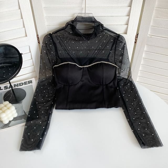 Long-Sleeve Mock Neck Rhinestone Mesh Panel Top - Black