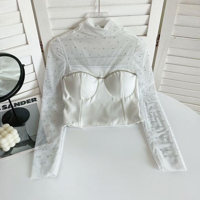 Long-Sleeve Mock Neck Rhinestone Mesh Panel Top - White