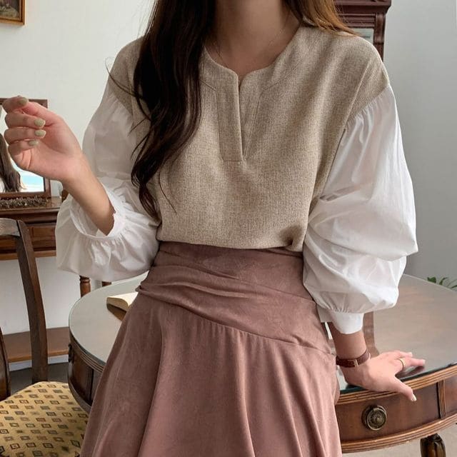 Long-Sleeve Notch Neck Melange Panel Blouse