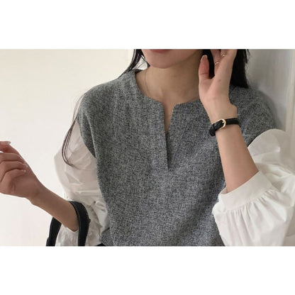 Long-Sleeve Notch Neck Melange Panel Blouse