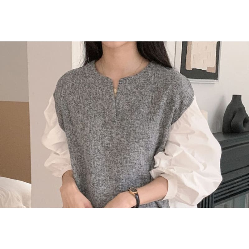 Long-Sleeve Notch Neck Melange Panel Blouse