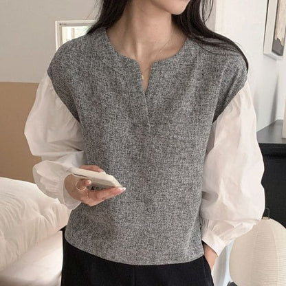 Long-Sleeve Notch Neck Melange Panel Blouse - Gray