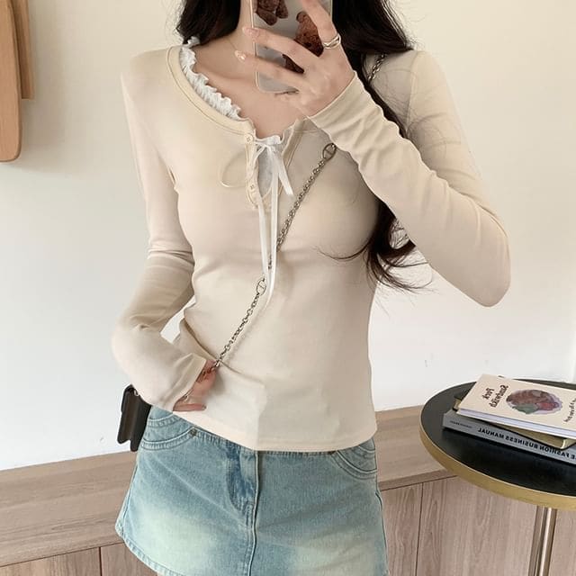 Long-Sleeve Notch Neck Plain T-Shirt - Almond / S