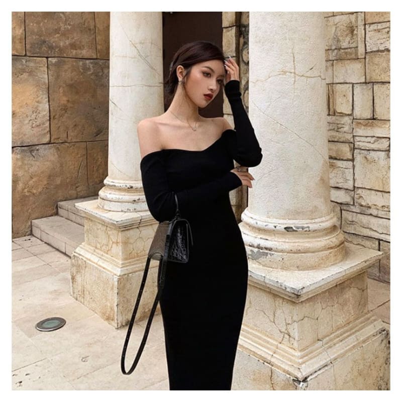 Long-Sleeve Off Shoulder Plain Backless Knit Midi Sheath