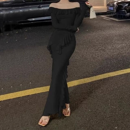 Long-Sleeve Off-Shoulder Plain Ruffle Trim Slit Maxi Sheath