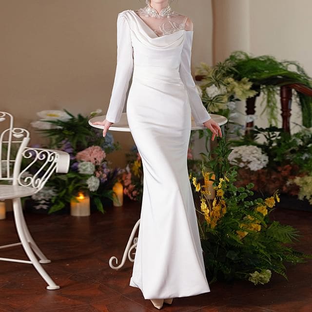 Long-Sleeve Open Back Plain Maxi Mermaid Dress - Long