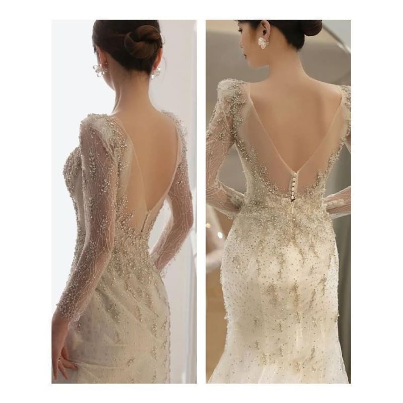 Long-Sleeve Open-Back Rhinestone Bodycon Wedding Gown