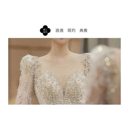 Long-Sleeve Open-Back Rhinestone Bodycon Wedding Gown