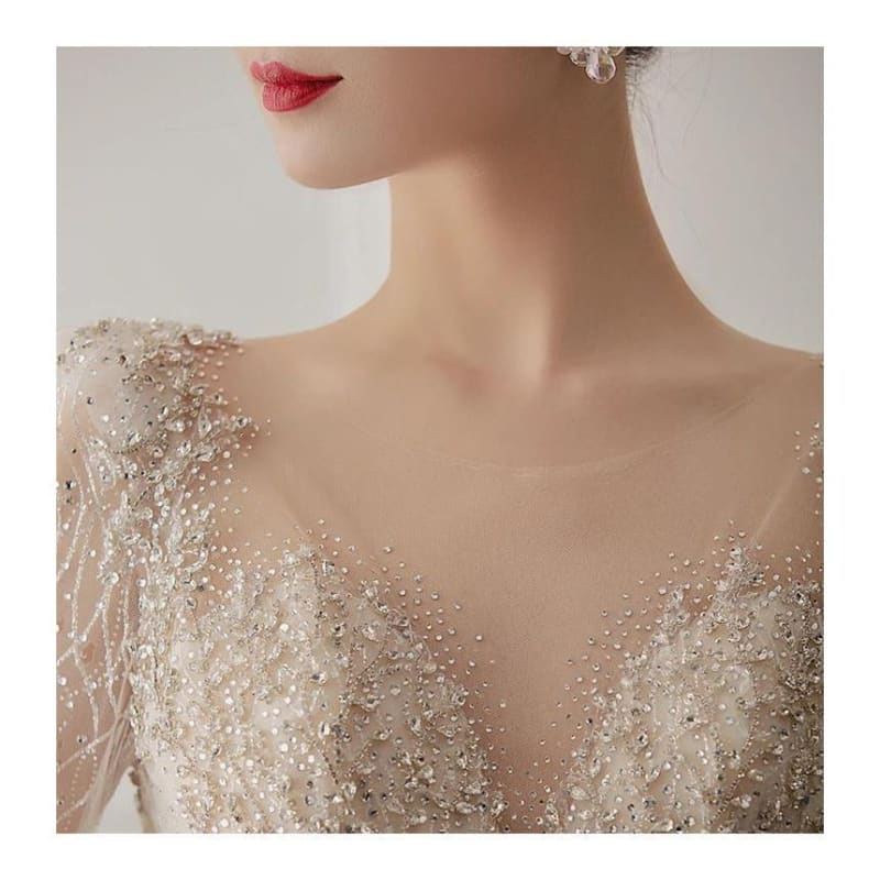 Long-Sleeve Open-Back Rhinestone Bodycon Wedding Gown