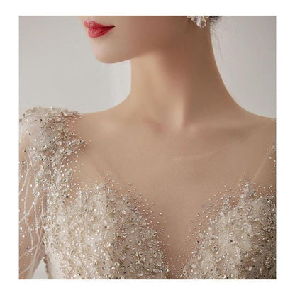 Long-Sleeve Open-Back Rhinestone Bodycon Wedding Gown