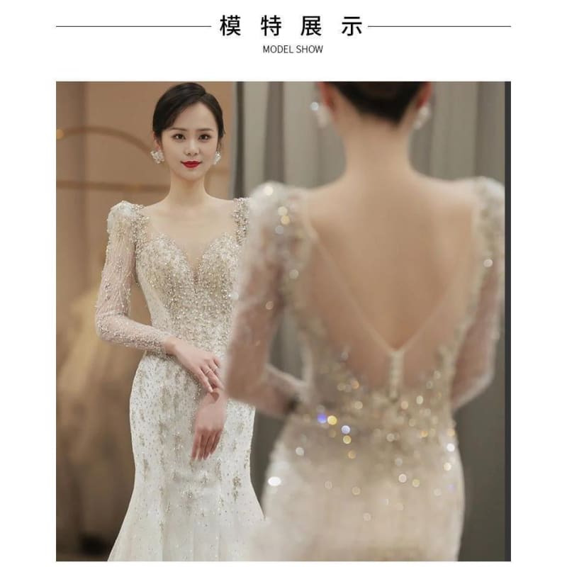 Long-Sleeve Open-Back Rhinestone Bodycon Wedding Gown