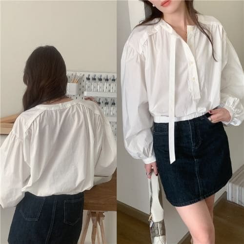 Long-Sleeve Overhead Plain Blouse