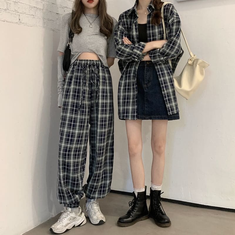 Long-Sleeve Plaid Shirt / Drawstring Waist Baggy Pants