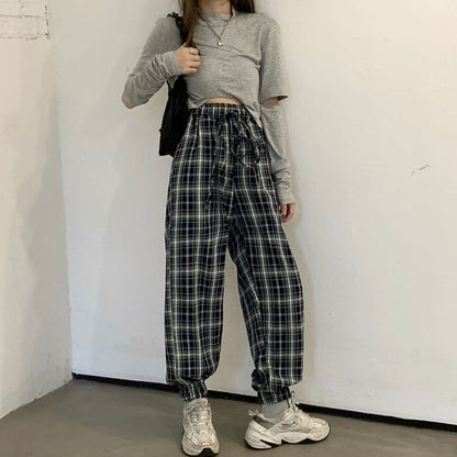 Long-Sleeve Plaid Shirt / Drawstring Waist Baggy Pants