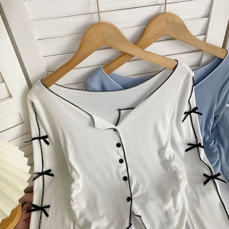 Long-Sleeve Plain Asymmetrical Bow Tee