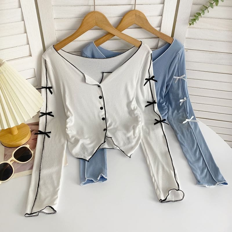 Long-Sleeve Plain Asymmetrical Bow Tee