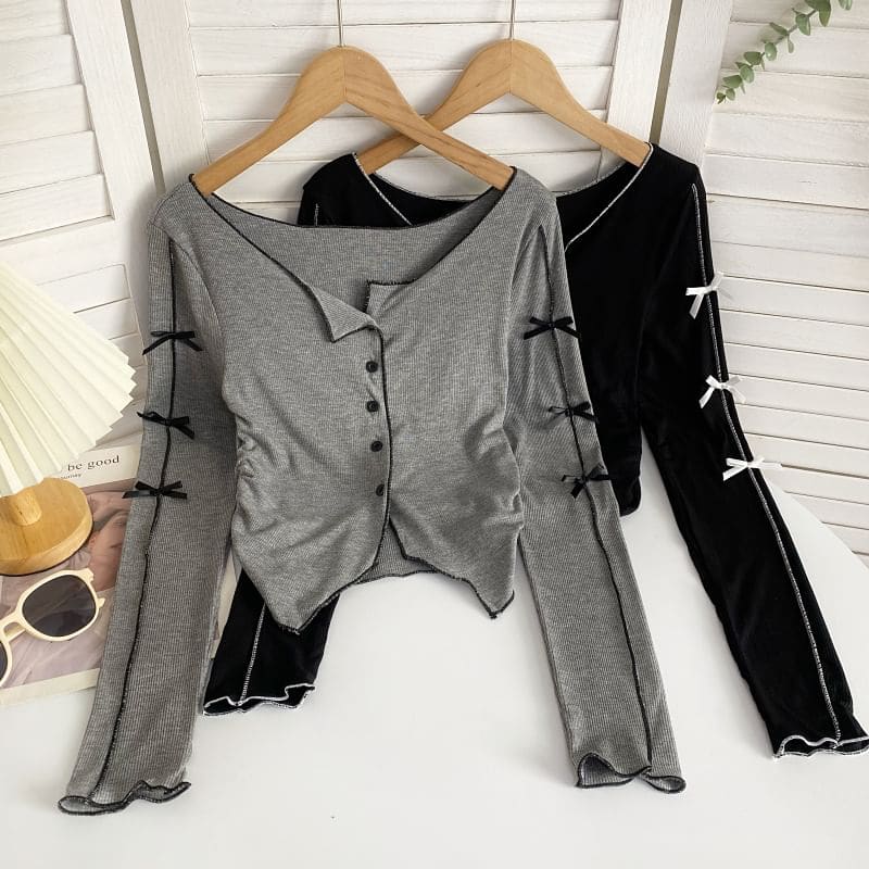 Long-Sleeve Plain Asymmetrical Bow Tee